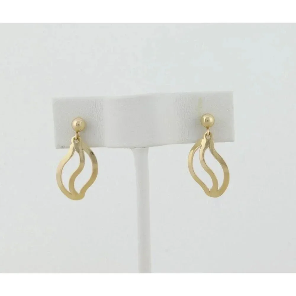 14k Yellow Gold Wave Earrings Modernist Dangle Drop - Picture 3 of 7